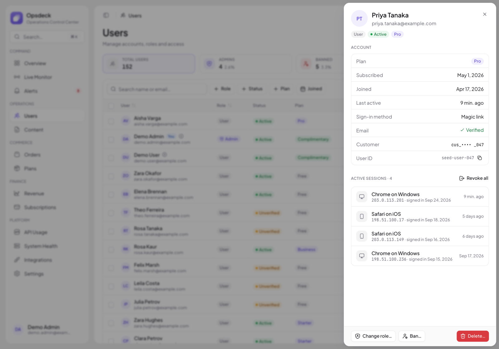 User drawer with profile, plan and sessions