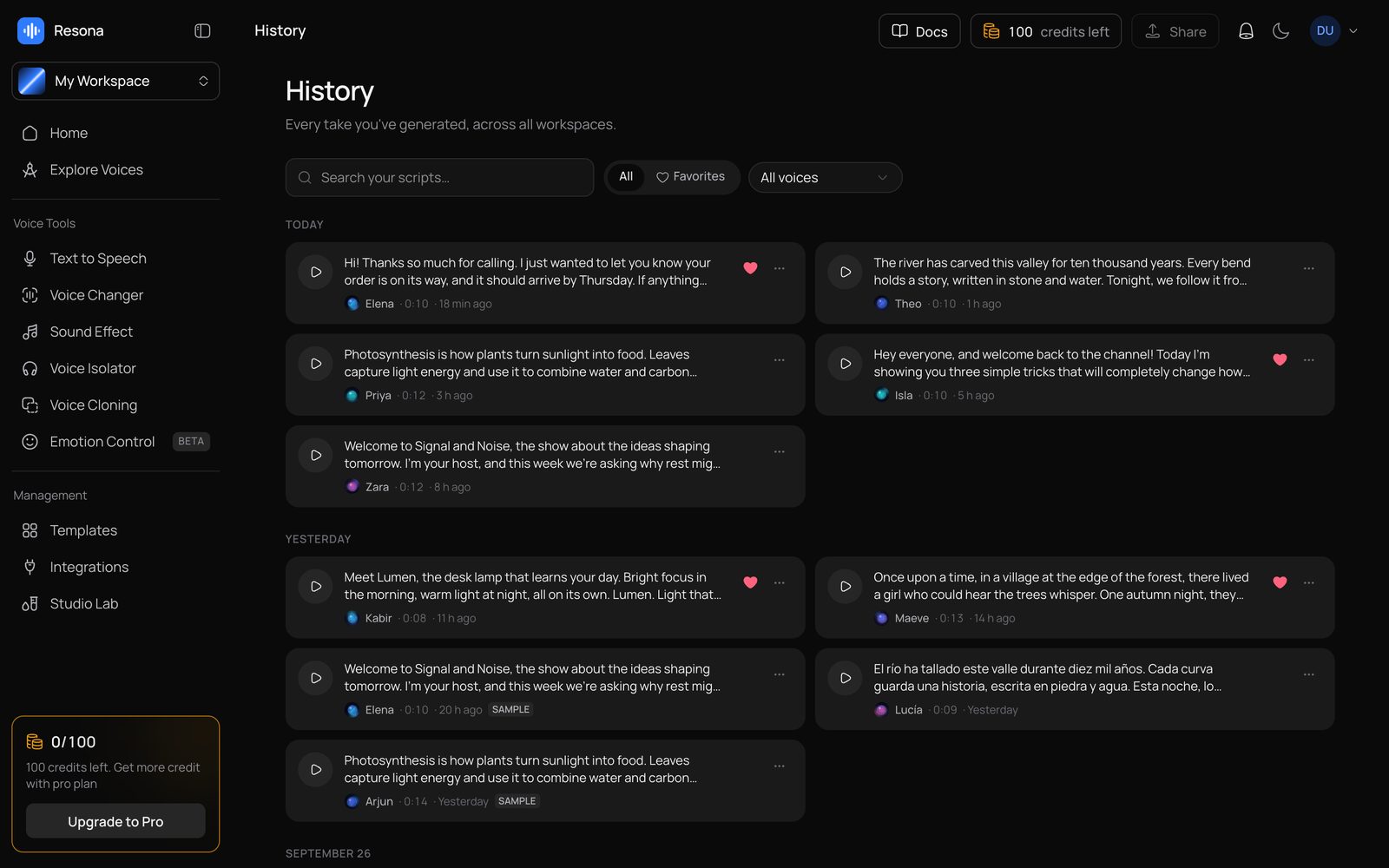 History with search, favorites and voice filter