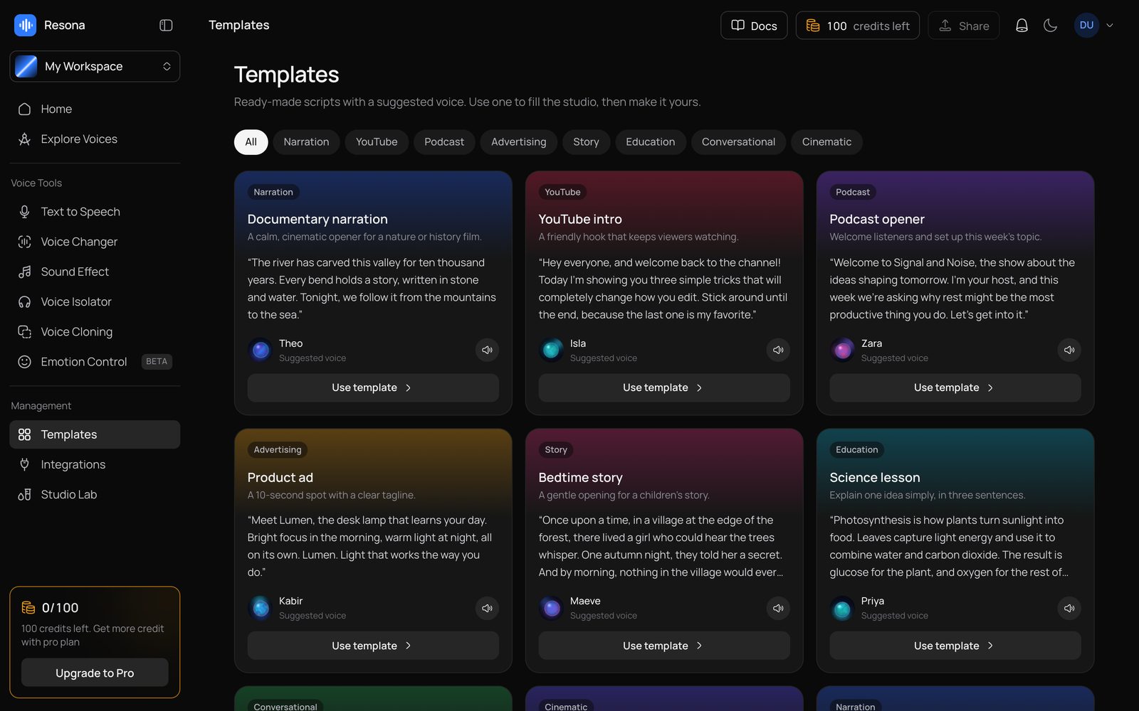 Script templates in eight categories