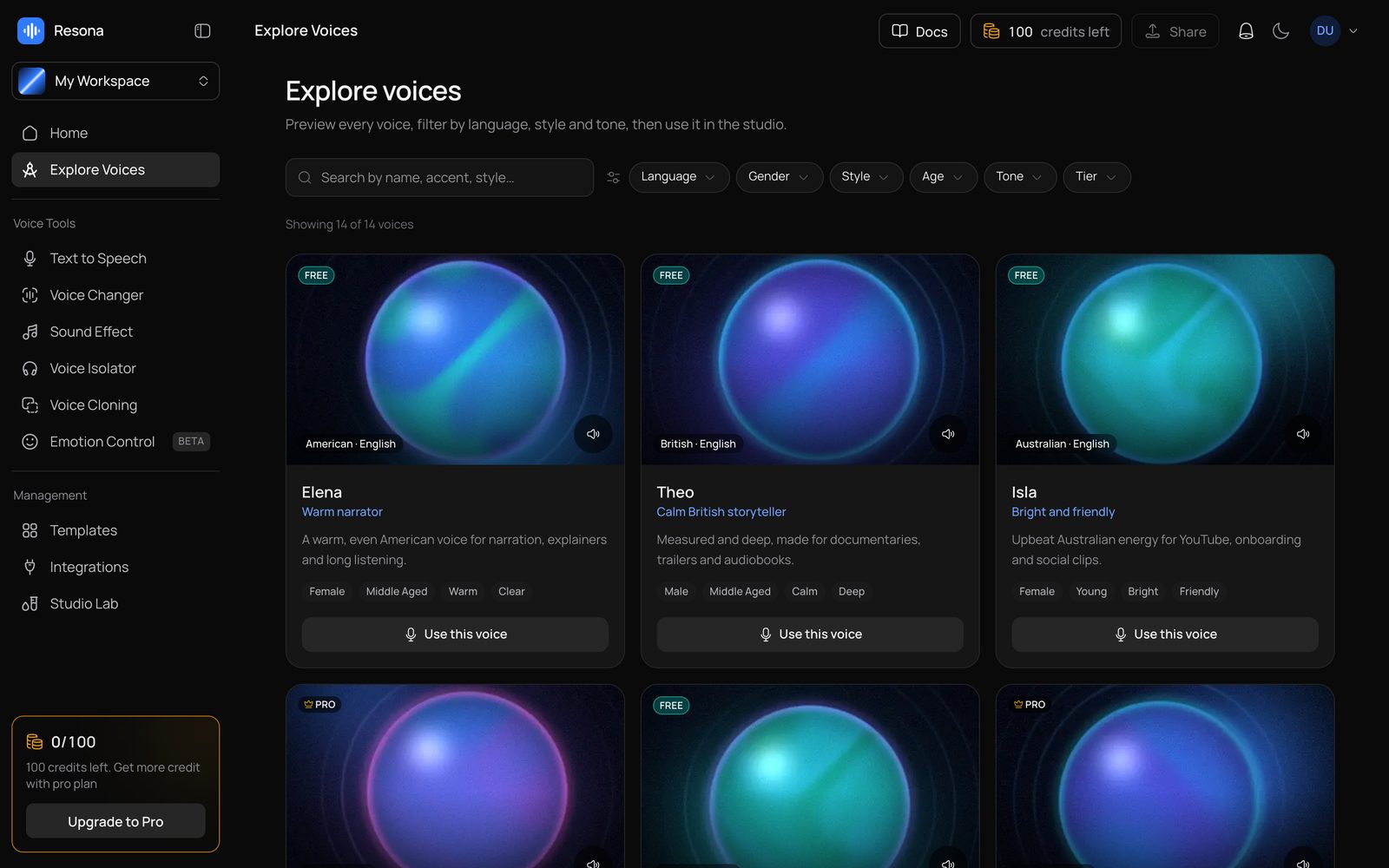 Explore voices with previews and filters