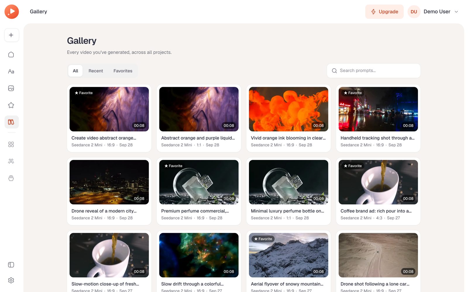 Gallery of generated videos with filters and search