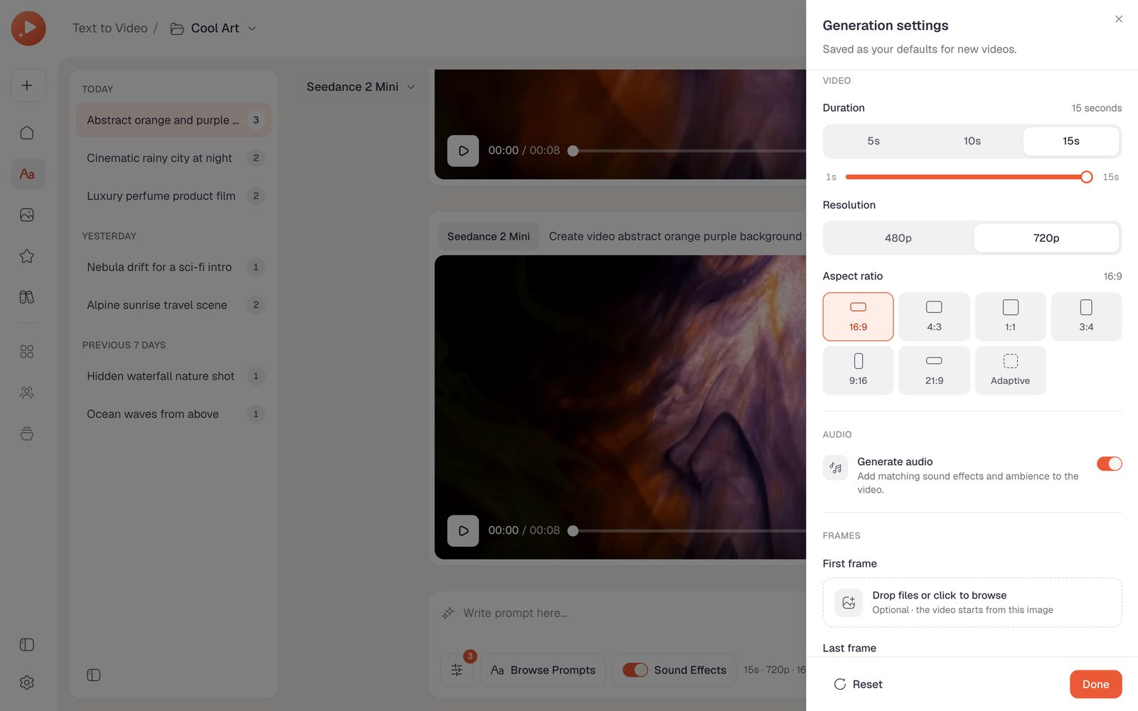 Generation settings: duration, resolution, aspect ratio and frames